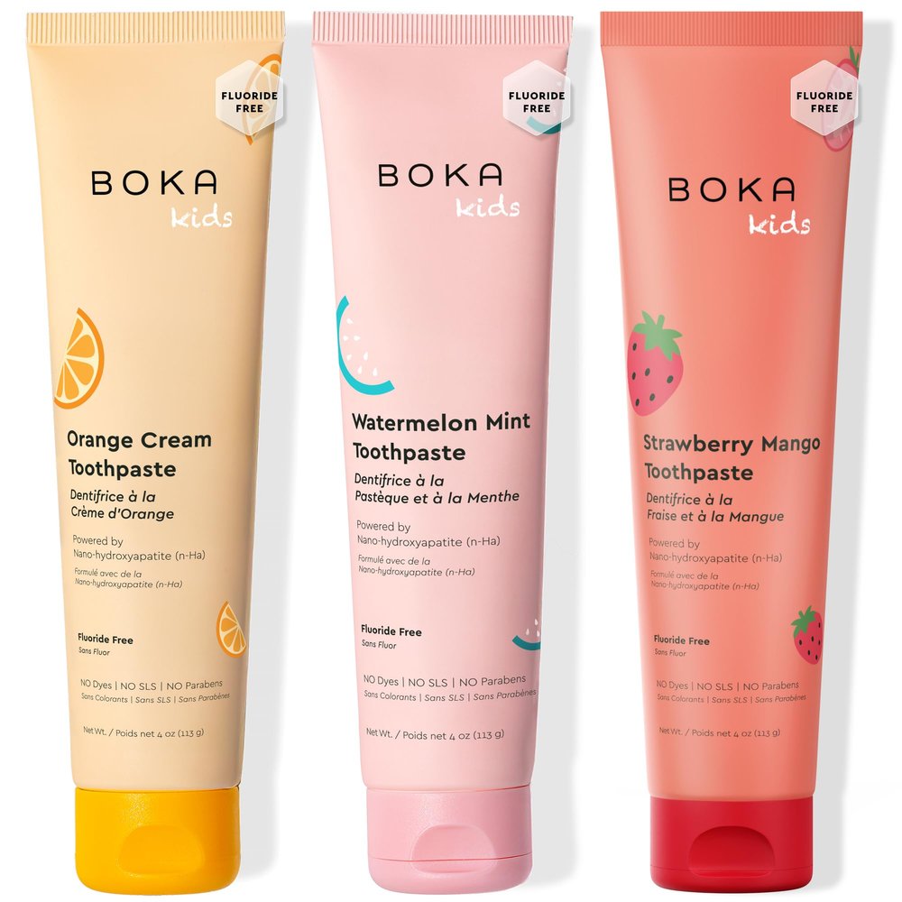 Boka Fluoride Free Toothpaste Nano Hydroxyapatite Toothpaste - Orange Cream, Watermelon Mint, Strawberry Mango Flavor, 4 oz 3Pk US Manufactured