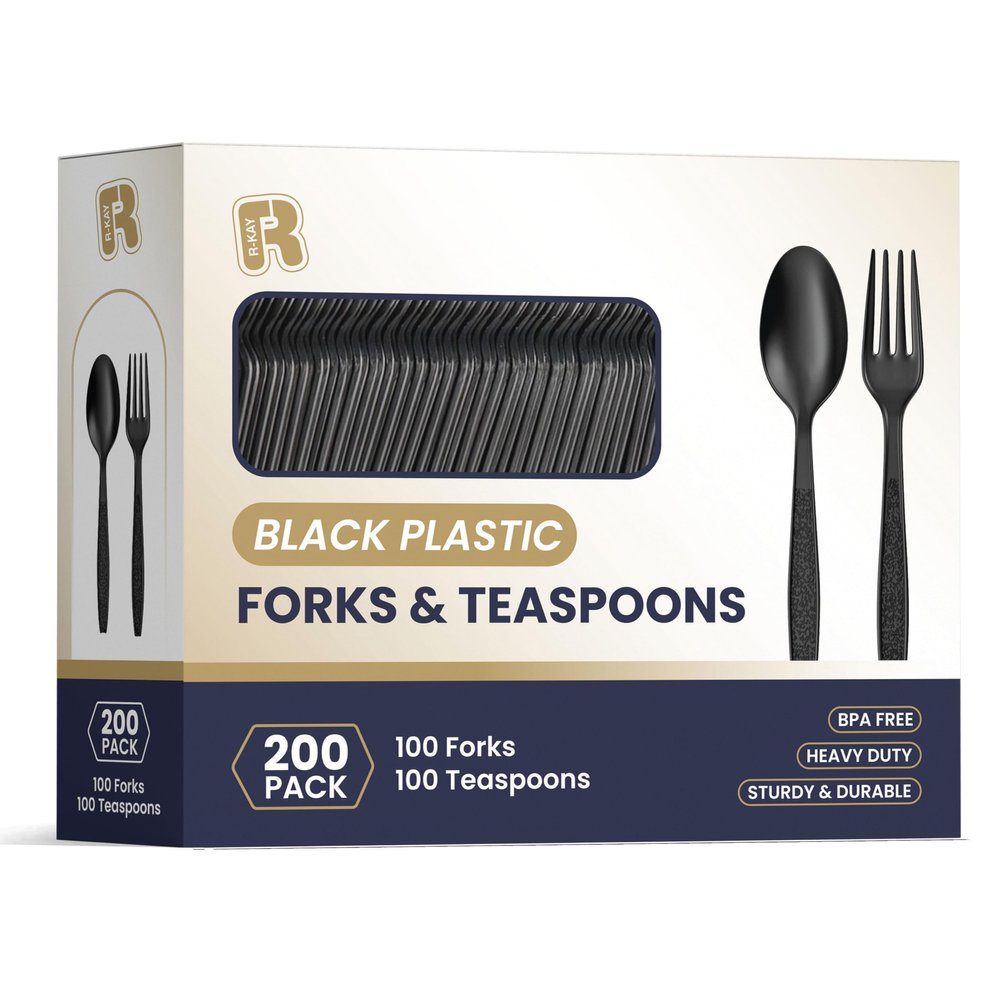 200 Count Black Plastic Silverware Heavy Duty - Black Plastic Forks And Spoons Set - BPA Free Plastic Utensils Set - Heat Resistance Cutlery For All Occasions