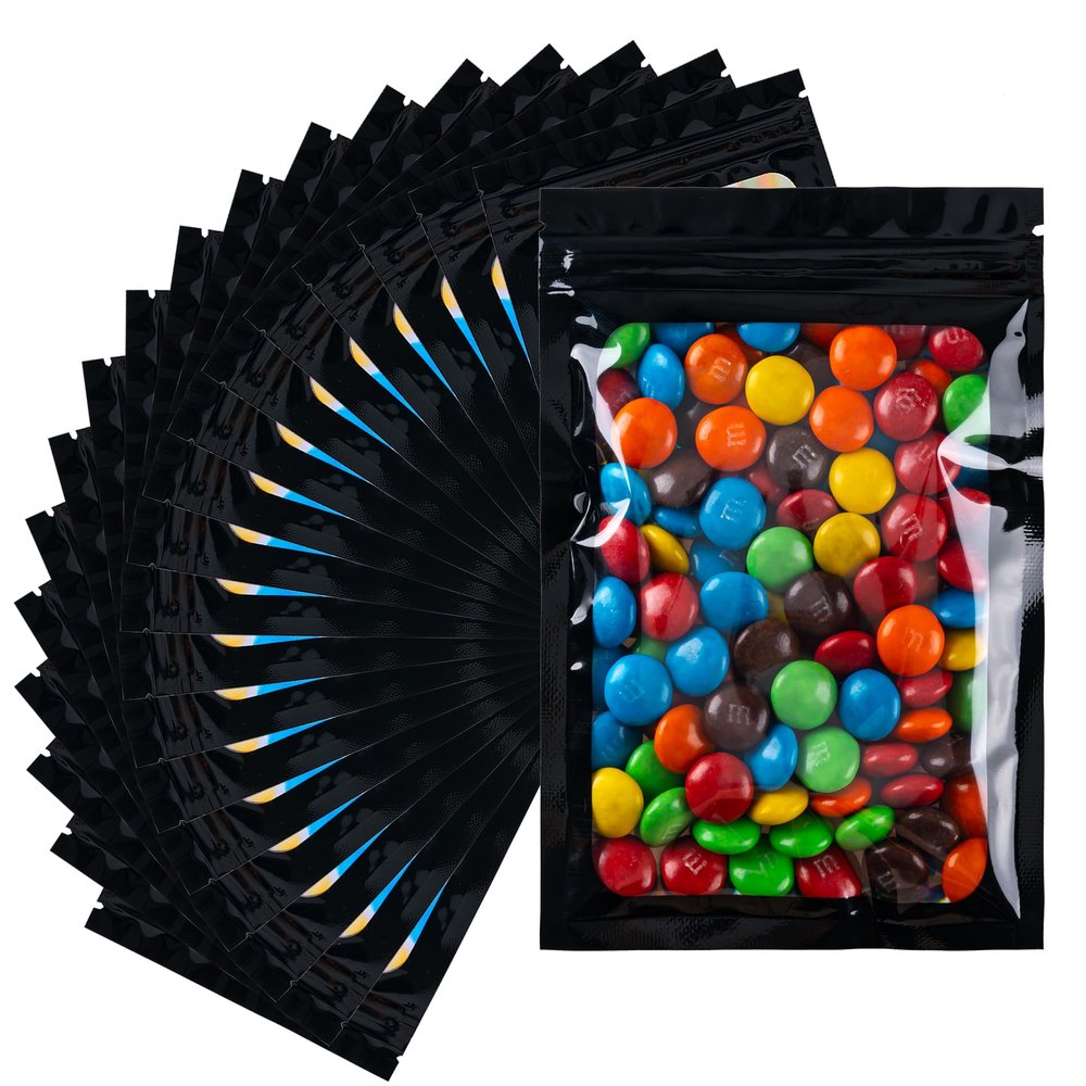 100Pcs Holographic Packaging Bags, Clear Foil Food Storage Bags Smell Proof Resealable Bags for Food Storage Jewelry Candy Storage Bags(Holographic Black,3 * 3.1in)
