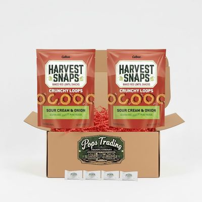 Baked Red Lentil Healthy Snack Sour Cream & Onion 2 Pack Gift Box 2.5 ounce Gluten Free Plant Protein includes Pops Buttermints and Bonus Gift Pops Coasters