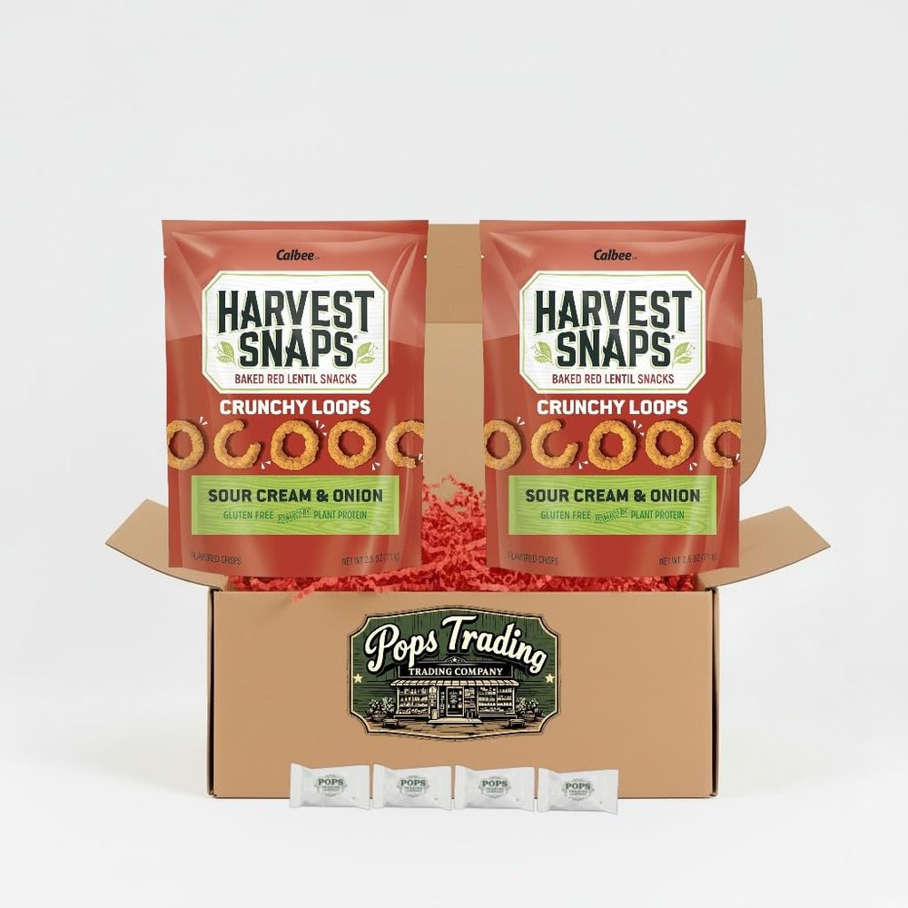 Baked Red Lentil Healthy Snack Sour Cream & Onion 2 Pack Gift Box 2.5 ounce Gluten Free Plant Protein includes Pops Buttermints and Bonus Gift Pops Coasters