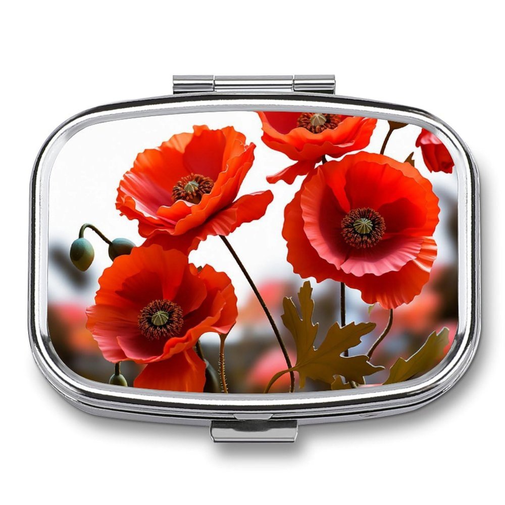 Pill Box Small Pill Boxs for Travel Pill Organizer Poppy Flowers Vivid Petals Pill Case Portable Medicine Organizer with Mirror 2 Compartment Pill Organizer for Purse Pocket