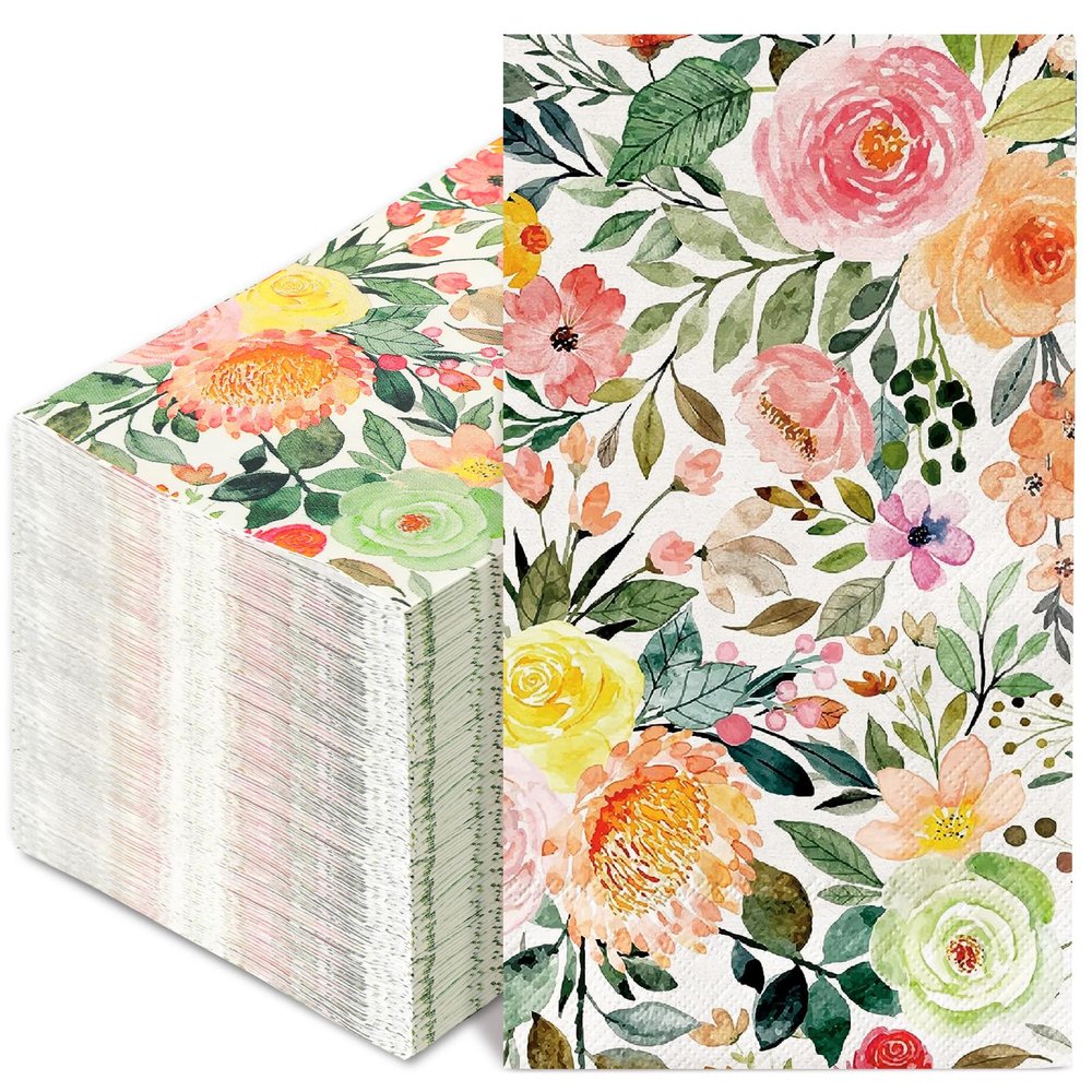 80Pcs Floral Guest Napkins Watercolor Rose Flower Disposable Paper Napkin Spring Hand Napkin for Wedding Bridal Shower Bathroom