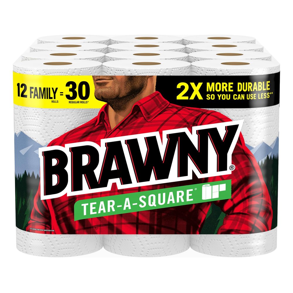 Brawny Tear-A-Square Paper Towels, 12 Family = 30 Regular Rolls, 2X More Durable*, 3 Sheet Sizes, Strong and Absorbent Extra-Large roll