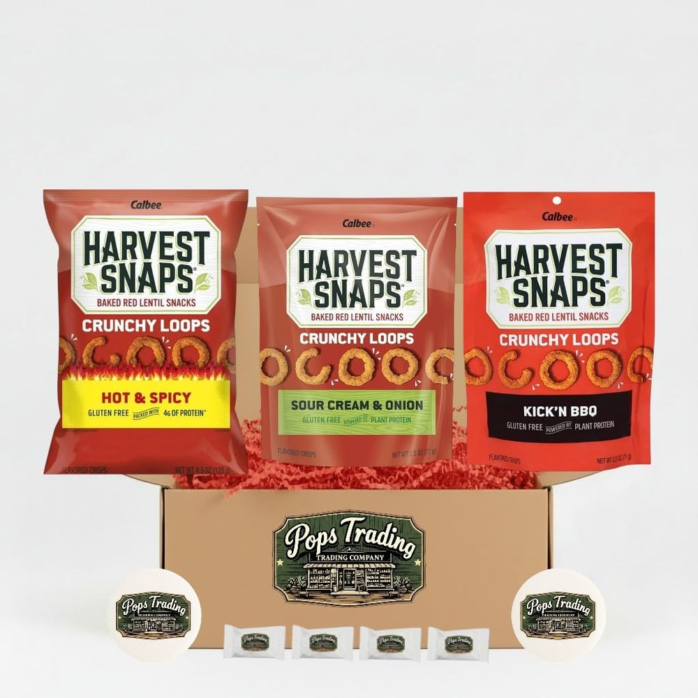 Baked Red Lentil Healthy Snack 3 Flavor Variety Pack Gift Box Sampler 3 Pack 2.5 ounce BBQ Sour Cream & Onion & Hot & Spicy Bonus Gift 2 Pops Coasters