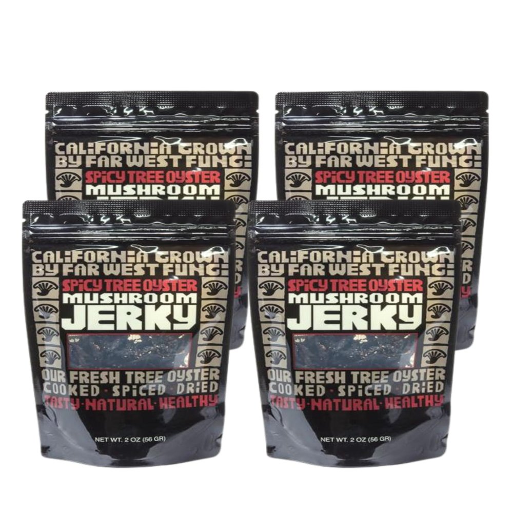 Far West Fungi Mushroom Jerky 4-pack Oyster mushroom Jerky. Vegan, Gluten-Free (Spicy Tree Oyster)