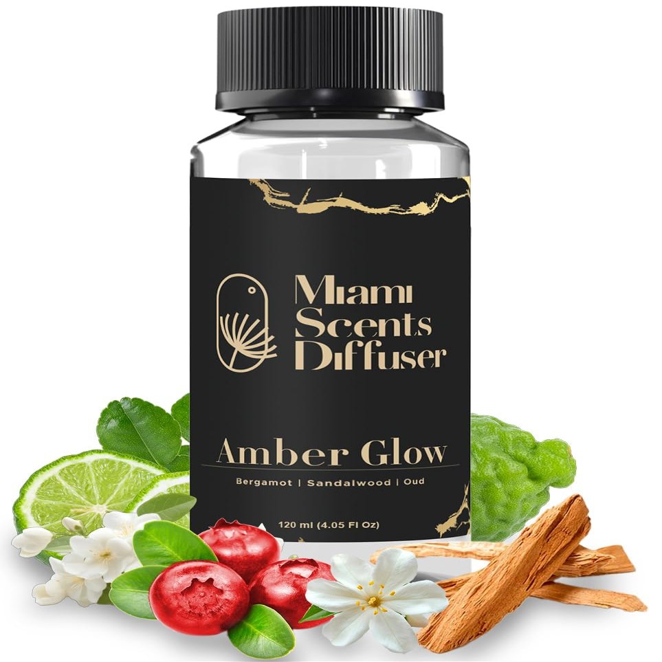 Amber Sunset Glow Essential Oil Refill Luxury Hotel Inspired - Long Lasting Aroma for Home & Office Diffuser - 120 ml Fresh Blend of Bergamot, Oud and Sandalwood, Scent for Spa Wellness Aromatherapy.