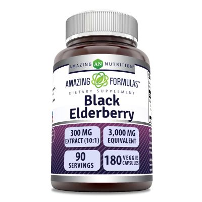 Amazing Formulas Sambucus Black Elderberry | 300 Mg Extract 10:1 (3000 Mg Equivalent) | Veggie Capsules | Non-GMO | Gluten-Free | Made in USA (180 Count, 1 Pack)