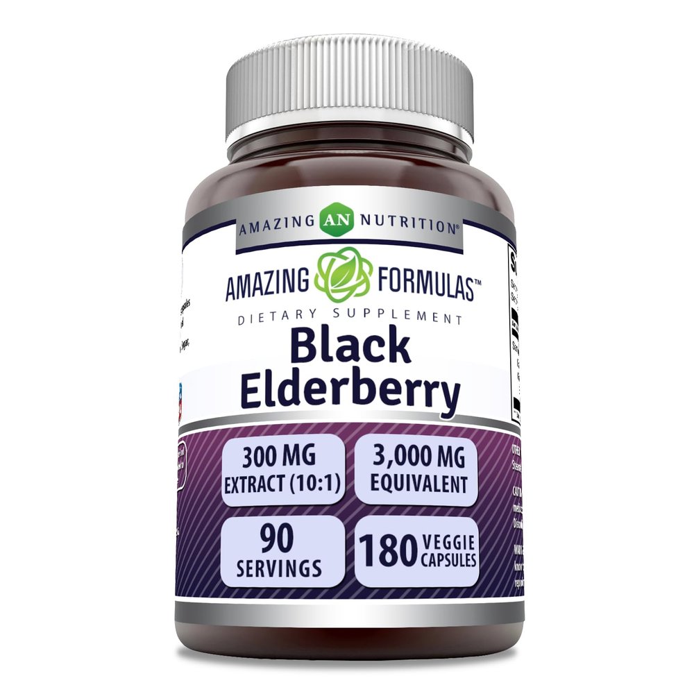 Amazing Formulas Sambucus Black Elderberry | 300 Mg Extract 10:1 (3000 Mg Equivalent) | Veggie Capsules | Non-GMO | Gluten-Free | Made in USA (180 Count, 1 Pack)