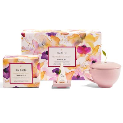 Tea Forte Mariposa 3-Piece Premium Tea Gift Set with Rose Pink Cafe Cup and Lid, Tea Tray and 10 Count Mini Presentation Box, 2 of Each Blend Handcrafted Pyramid Infuser Tea Bags