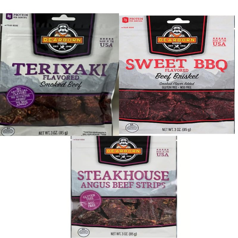 NineLife Basics Dearborn Beef Jerky Variety Pack: 3 Terrific Flavors, 3oz Each, Smoky Satisfaction Delivered! Teriyaki, Sweet BBQ, Steakhouse Angus