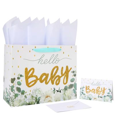 13" Large White Gift Bag Set with Greeting Card and Tissue Papers (Gold Glitter Baby) for Girls' Birthday Party, Women's Birthday Parties, Baby Shower, Baby Girl or Boy - 13x5.2x10.2, 1 Pcs.