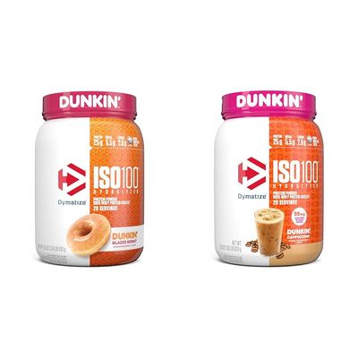 Dymatize ISO100 Hydrolyzed Protein Powder, 100% Whey Isolate, Dunkin' Glazed Donut Flavor, 20 Servings & ISO100 Hydrolyzed 100% Whey Isolate Protein Powder in Dunkin' Cappuccino Flavor