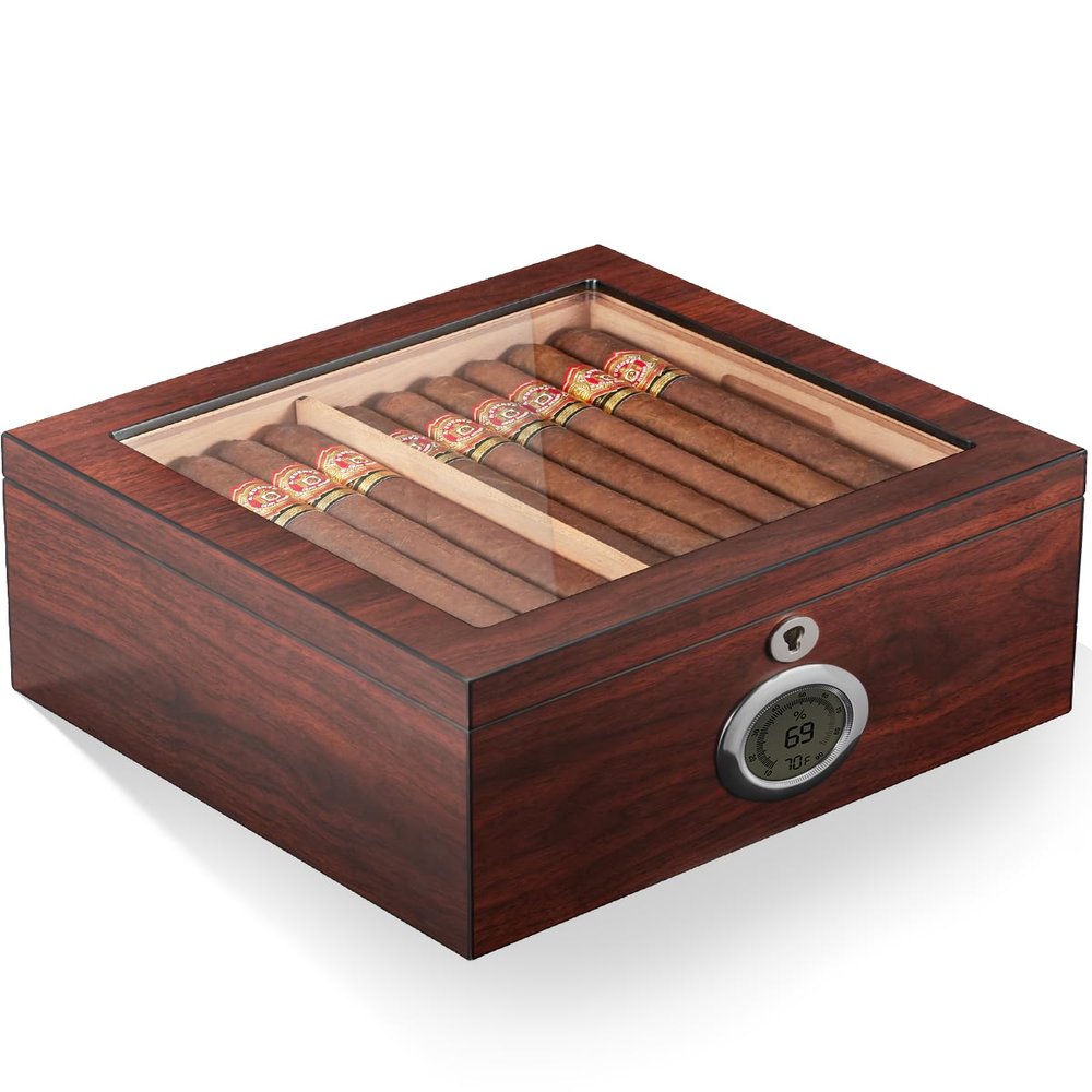 Cigar Humidor Holds up to 60 Cigars, Cedar Cigar Humidor Box with Lock, Easy Humidification System, Accurate Digital Hygrometer, 2 Humidifiers, Slotted Tray & Shelf, Dividers, Gift for Cigar Lovers
