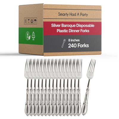 Smarty Had A Party 240 Silver Baroque Disposable Plastic Dinner Forks Heavy Duty Plastic Forks Silverware
