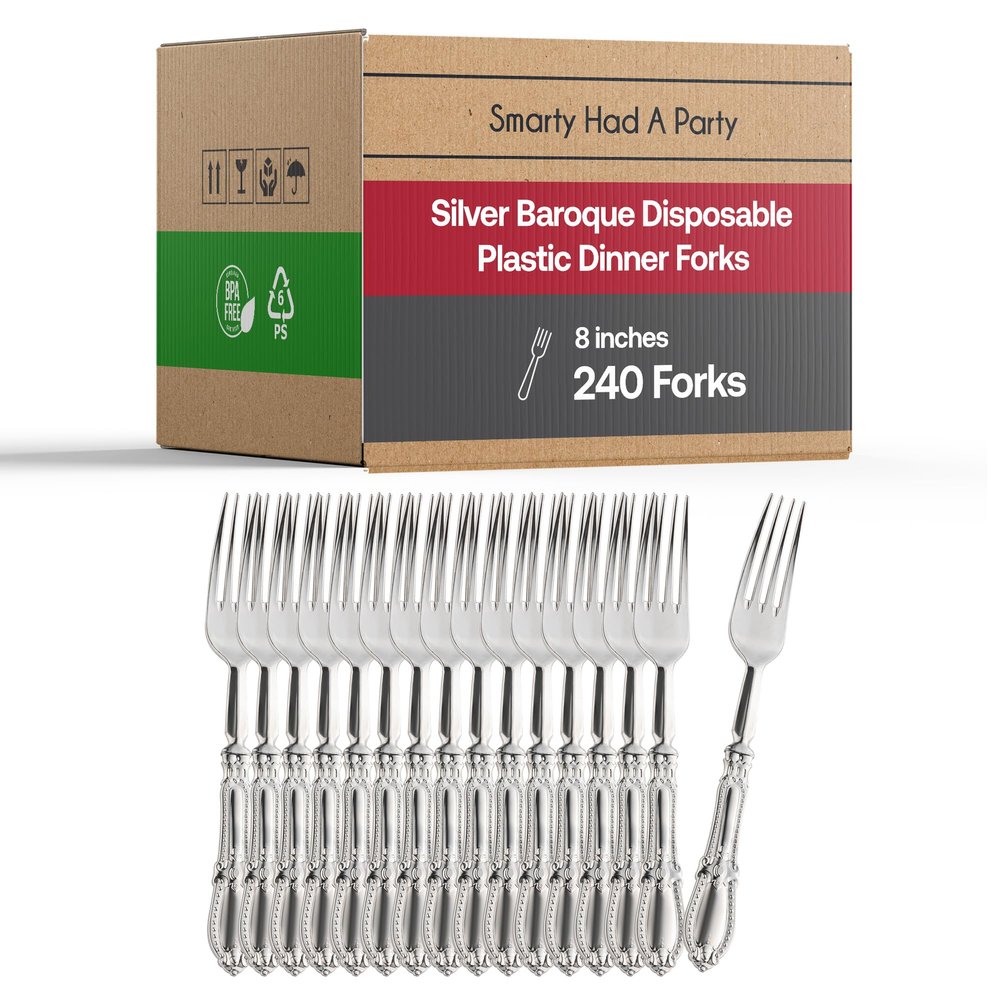 Smarty Had A Party 240 Silver Baroque Disposable Plastic Dinner Forks Heavy Duty Plastic Forks Silverware