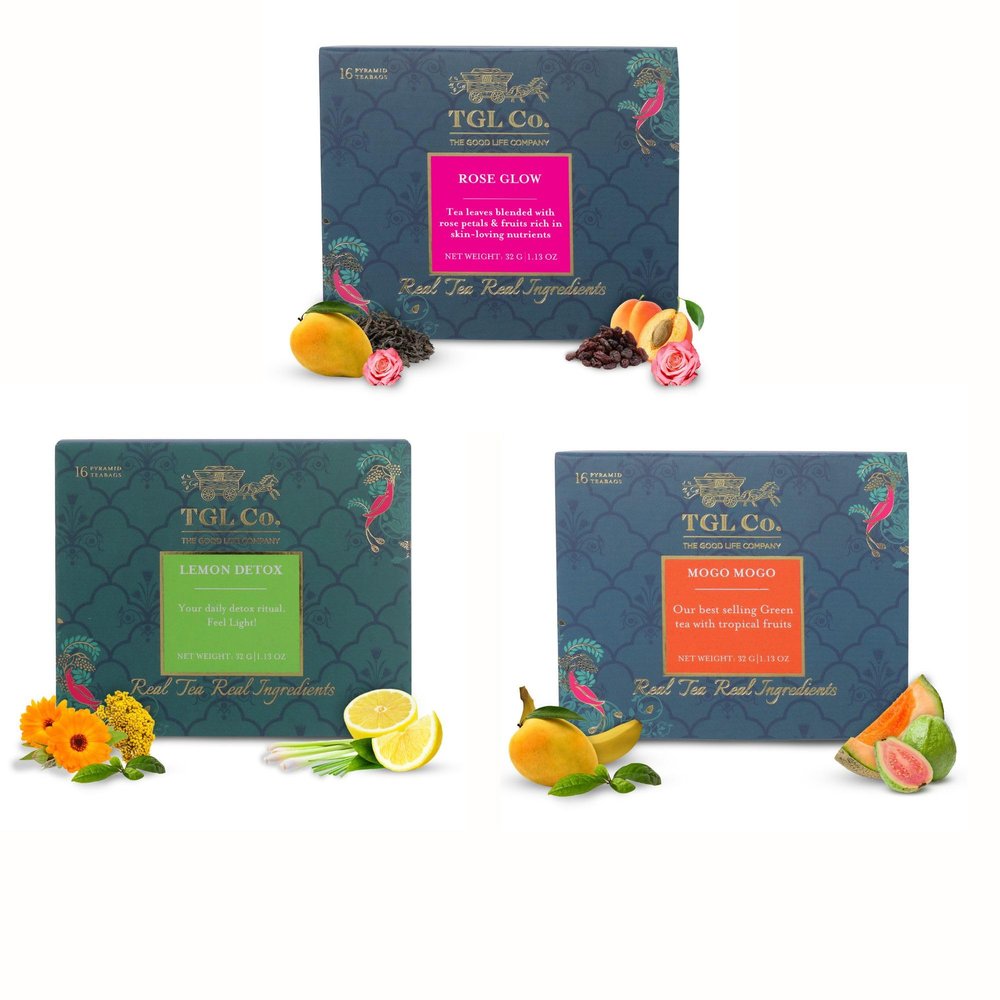 The Good Life Company Bundle Pack | Mogo Mogo Green Tea, Lemon Detox Green Tea & Rose Glow Black Tea | 48 Tea Bags Total | 16 Bags Each | Pack of 3