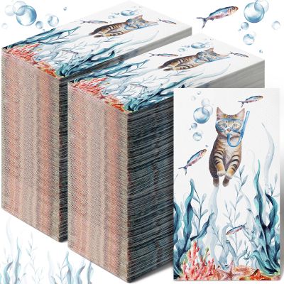 Moinchore 200 Pcs Funny Cat Diving Disposable Guest Towels for Bathroom Teal Blue Decorative Paper Hand Towels Coastal Guest Napkins Sea Ocean Dinner Napkins for Baby Shower Holiday Party Supplies
