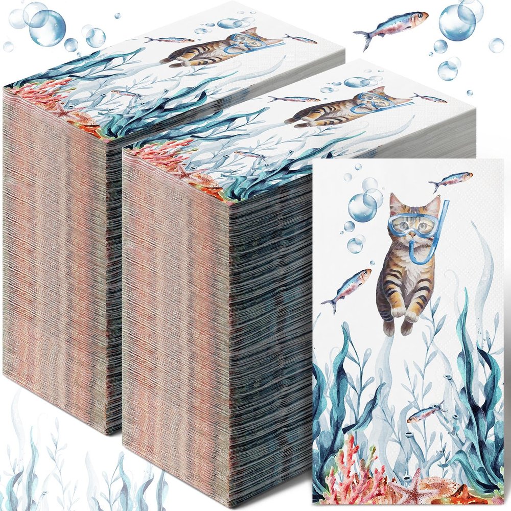 Moinchore 200 Pcs Funny Cat Diving Disposable Guest Towels for Bathroom Teal Blue Decorative Paper Hand Towels Coastal Guest Napkins Sea Ocean Dinner Napkins for Baby Shower Holiday Party Supplies
