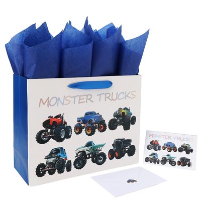 16.5 Extra Large Truck-themed Gift Bags Set with Greeting Card and Tissue Paper (Monster Trucks Design) for boys, Kids Birthday Party,Baby boy,Baby Shower,Newborn,New Moms or Parents