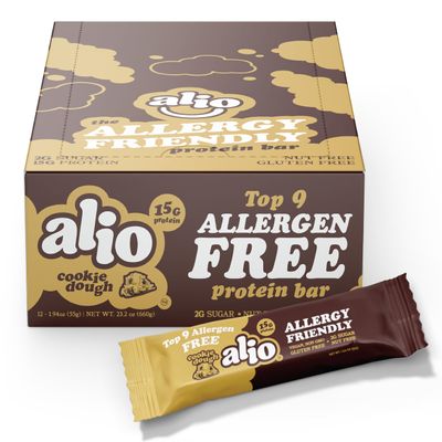 Alio Protein Bars - Cookie Dough (12 Bars) Free From The Top 9 Food Allergens, High Protein, Low-Calorie, Vegan, Gluten-Free, Nut-Free, Non-GMO, Plant-Based, Seed Oil Free, Delicious & Healthy Snack