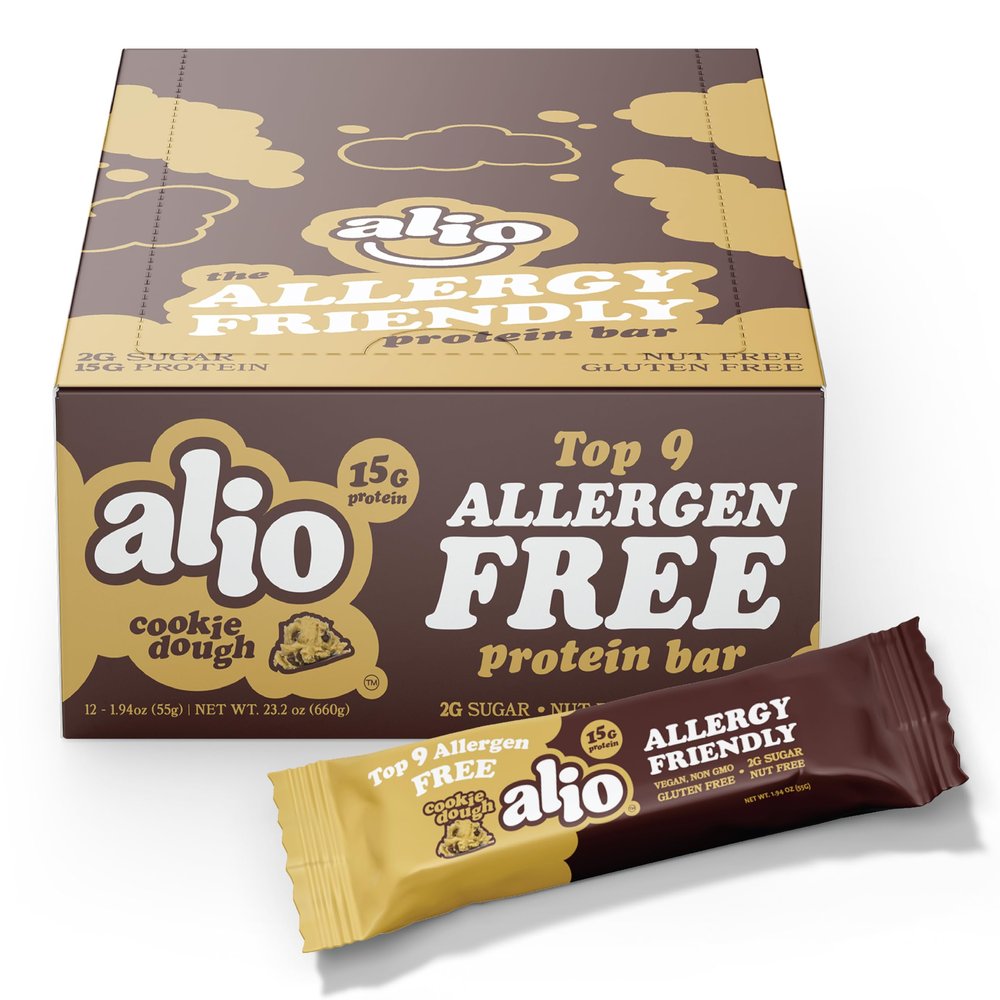 Alio Protein Bars - Cookie Dough (12 Bars) Free From The Top 9 Food Allergens, High Protein, Low-Calorie, Vegan, Gluten-Free, Nut-Free, Non-GMO, Plant-Based, Seed Oil Free, Delicious & Healthy Snack