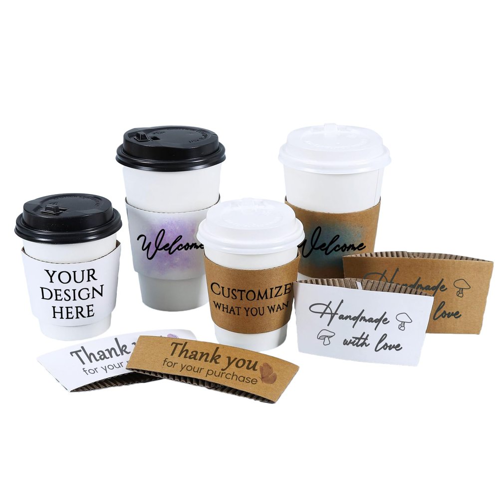 20-100Pcs Custom White/Kraft Coffee Cup Sleeves, Disposable Cup Sleeves for Water, Juice, Coffee or Tea, Fits 10, 12, 16, 20 oz Paper Cups (Cup Not Included) (100PCS)
