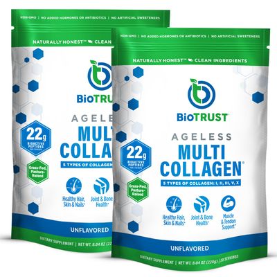BioTrust Ageless Multi Collagen Peptides Powder  5 Types (I, II, III, V, X)  Unflavored Collagen Powder for Women & Men  Hydrolyzed Protein  Grass Fed Beef, Fish, Chicken, Eggshell Membrane, 2-pk