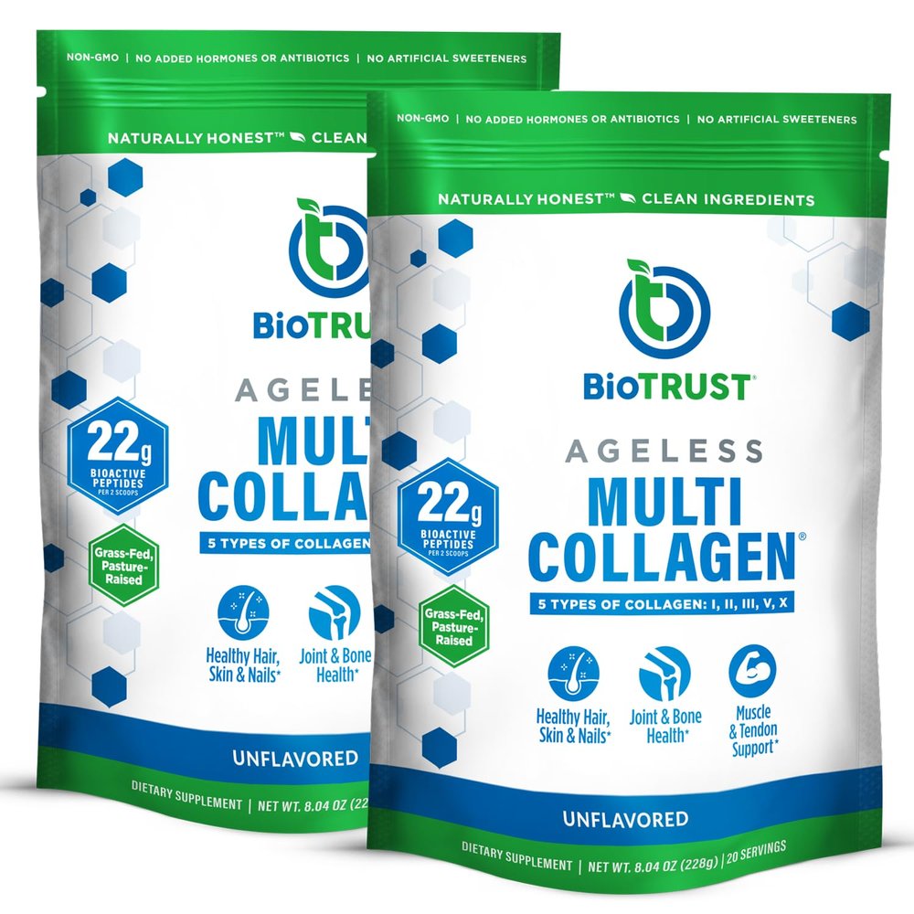 BioTrust Ageless Multi Collagen Peptides Powder 5 Types (I, II, III, V, X) Unflavored Collagen Powder for Women & Men Hydrolyzed Protein Grass Fed Beef, Fish, Chicken, Eggshell Membrane, 2-pk