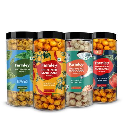 Farmley Makhana Gluten Free Roasted & Flavoured Puffs Fox Nut Water Lily Pops Popped Lotus Seed Pack of 4 90g each (Peri-Peri, Salted, Mint, Tangy Tomato) Daily Nutritious Snack 12.70 Ounce