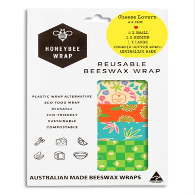 Honeybee Beeswax Wraps - Cheese Lovers Assorted Pack - Certified Organic Cotton Reusable Beeswax Wraps for Food - Plastic Wrap & Sandwich Bags Alternative - 4 Pack - Small, Medium & Large