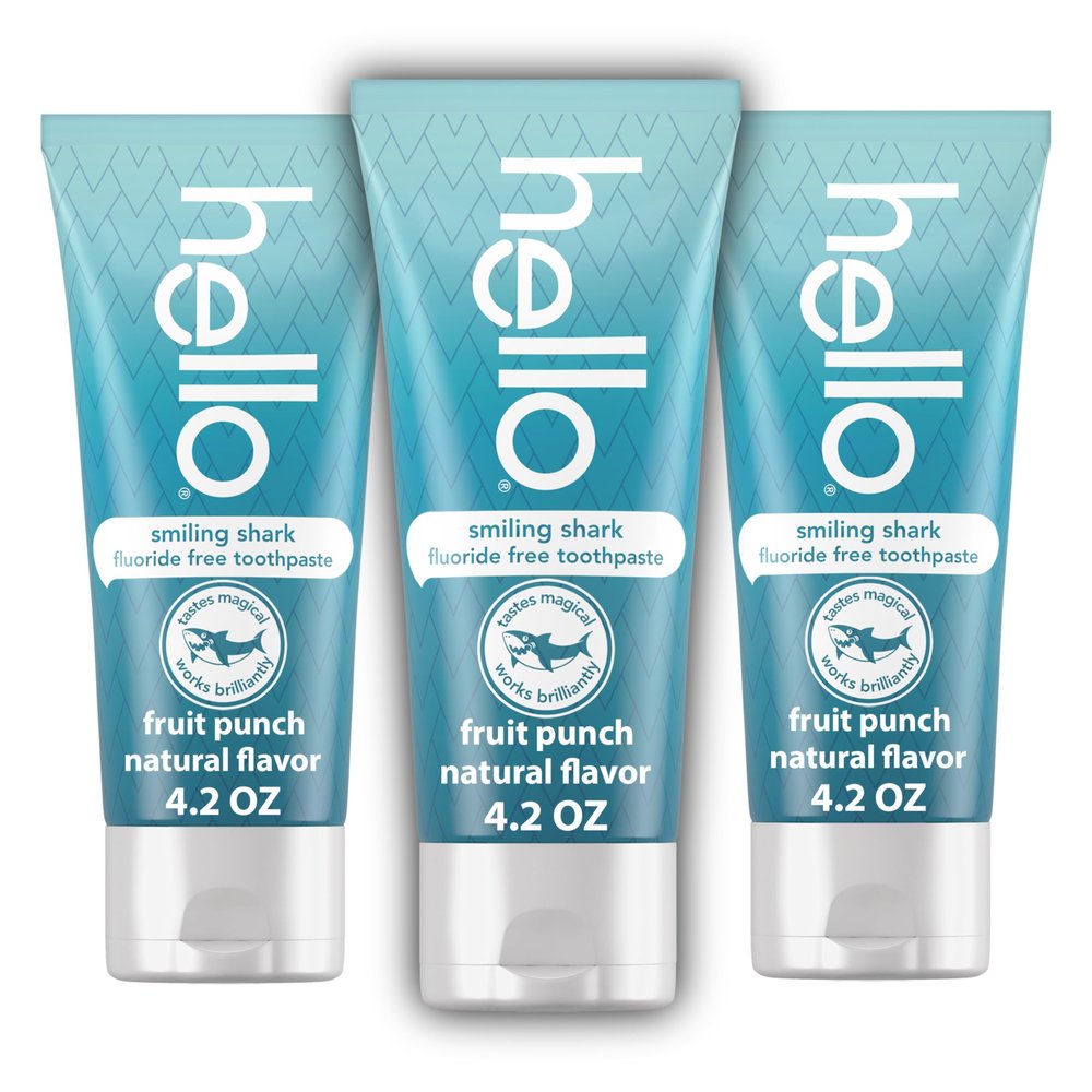 Hello Smiling Shark Fluoride Free Kids Toothpaste, Natural Fruit Punch, 4.2 Oz Tube (Pack of 3)