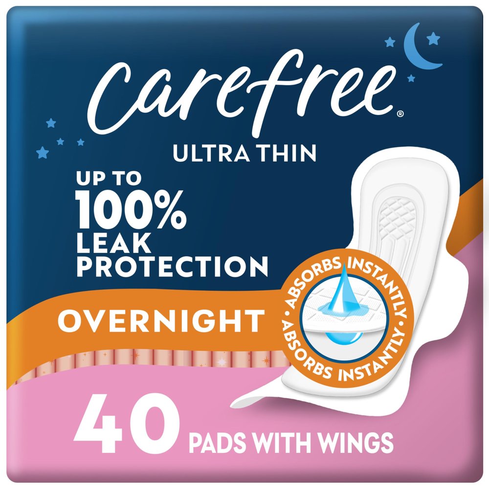Carefree Ultra Thin Pads for Women, Overnight with Wings | Feminine Care & Postpartum Protection | 40ct (Pack of 1)