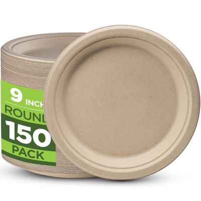 100% Compostable Paper Plates Heavy Duty - 150 Pack Biodegradable Disposable Plates  9 Brown Disposable Dinner Plates Made of Eco-Friendly, Natural Unbleached Sugarcane Bagasse, Microwavable Plates