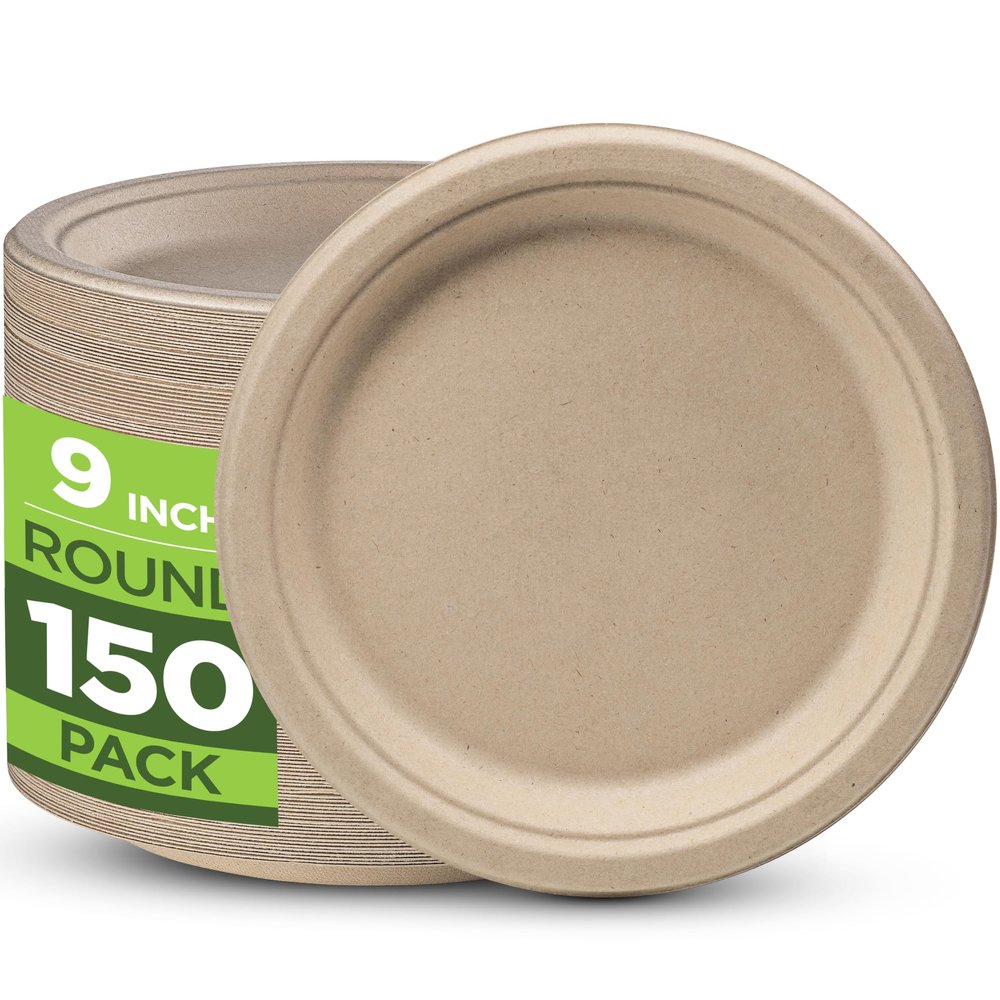 100% Compostable Paper Plates Heavy Duty - 150 Pack Biodegradable Disposable Plates  9 Brown Disposable Dinner Plates Made of Eco-Friendly, Natural Unbleached Sugarcane Bagasse, Microwavable Plates