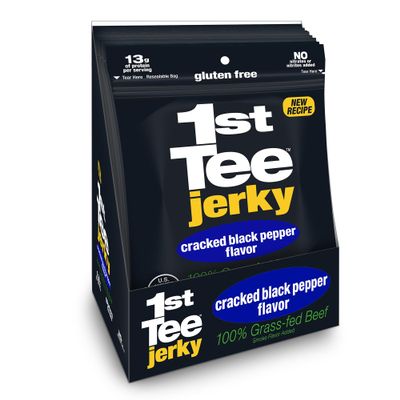 1st Tee Cracked Black Pepper Beef Jerky made with grass-fed beef jerky, 13 grams proteins and one gram fat per serving 2.5oz