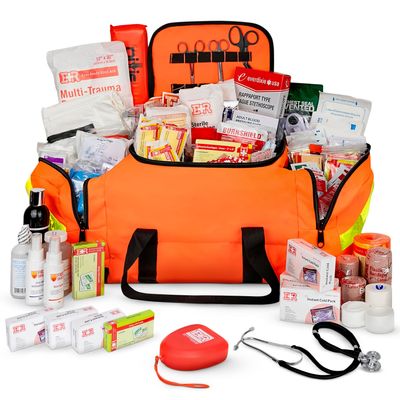 Large EMT Trauma Bag  Fully Stocked First Aid Kit with Tourniquet, Gauze, CPR Mask, Trauma Shears & Emergency Medical Supplies  Orange