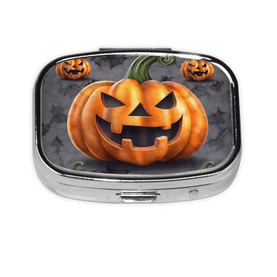 Square Pill Box Halloween Pumpkin Cute Small Pill Case 2 Compartment Pillbox for Purse Pocket Portable Pill Container Holder to Hold Vitamins Medication Fish Oil and Supplements