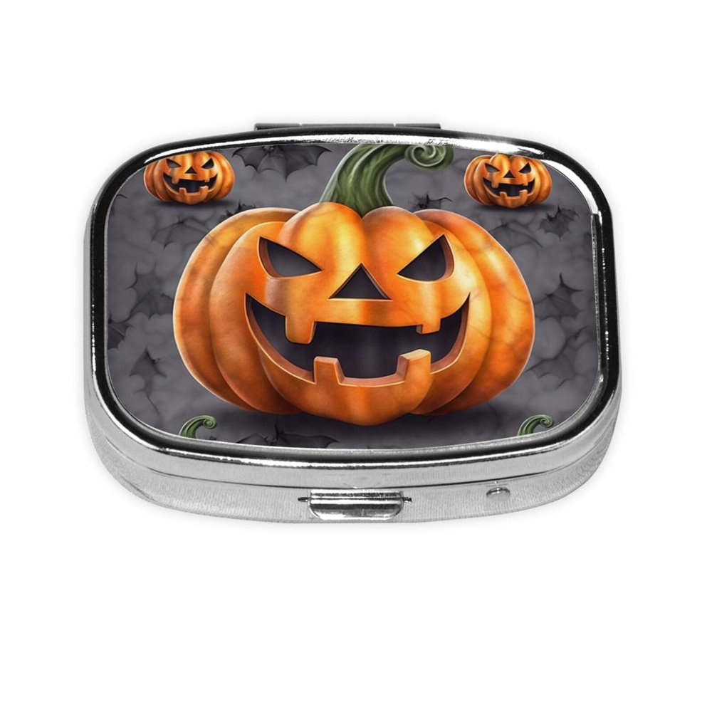 Square Pill Box Halloween Pumpkin Cute Small Pill Case 2 Compartment Pillbox for Purse Pocket Portable Pill Container Holder to Hold Vitamins Medication Fish Oil and Supplements