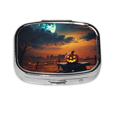 Square Pill Box Halloween Night Sky Cute Small Pill Case 2 Compartment Pillbox for Purse Pocket Portable Pill Container Holder to Hold Vitamins Medication Fish Oil and Supplements