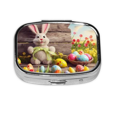 Square Pill Box Happy Rabbit Cute Small Pill Case 2 Compartment Pillbox for Purse Pocket Portable Pill Container Holder to Hold Vitamins Medication Fish Oil and Supplements