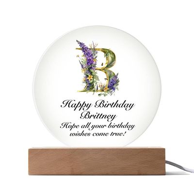 Happy Birthday Brittney v02 - Circle Acrylic Plaque With LED Lights Personalized Name