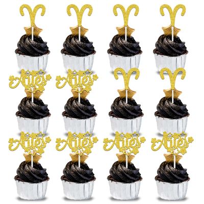 12Pcs Aries Cupcake Topper, Big Aries Energy/Aries Season, 12 Constellation March/April Birthday Cupcake Decoration, Horoscope Astrology Birthday Party Supplies, Gold Glitter