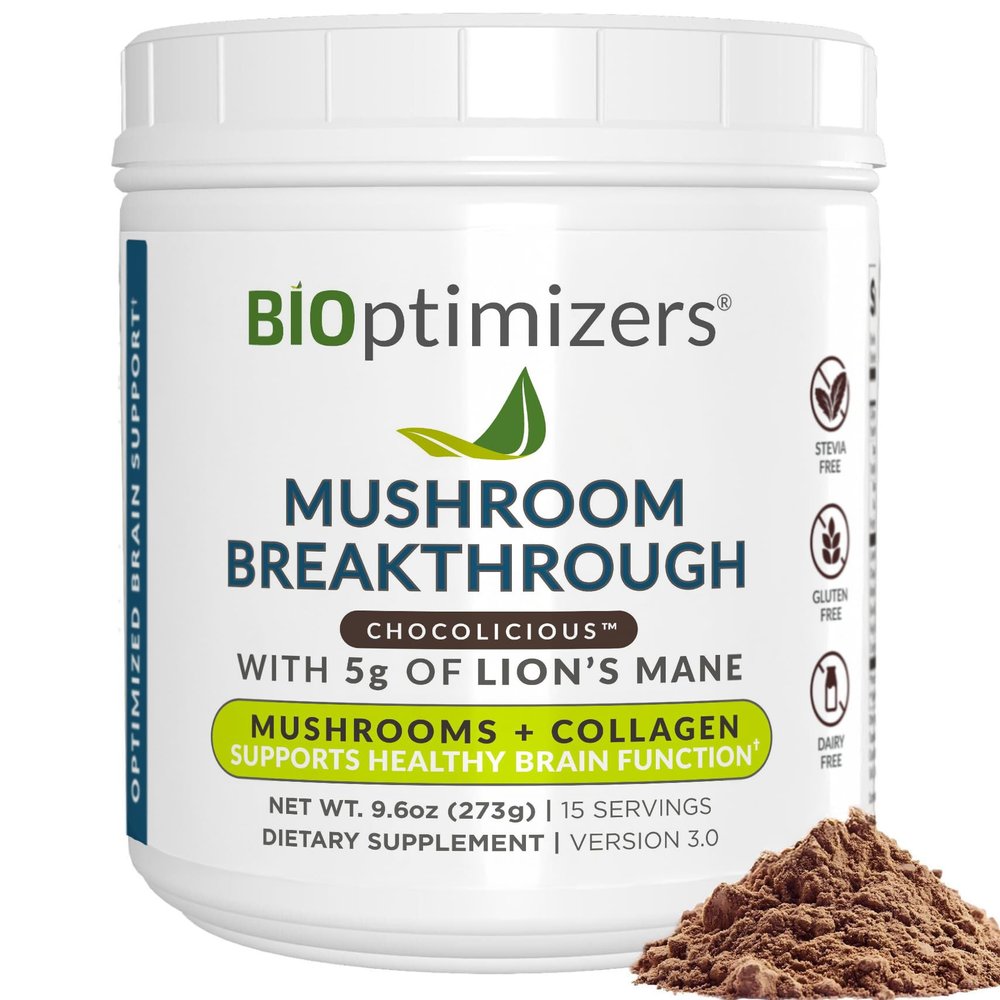 BIOptimizers Mushroom Coffee Alternative  Chocolate Drink  Lions Mane, Chaga, Reishi + Collagen Peptides for Focus, Energy & Gut Health  Adaptogenic Mushrooms & MCT Powder  15 Servings