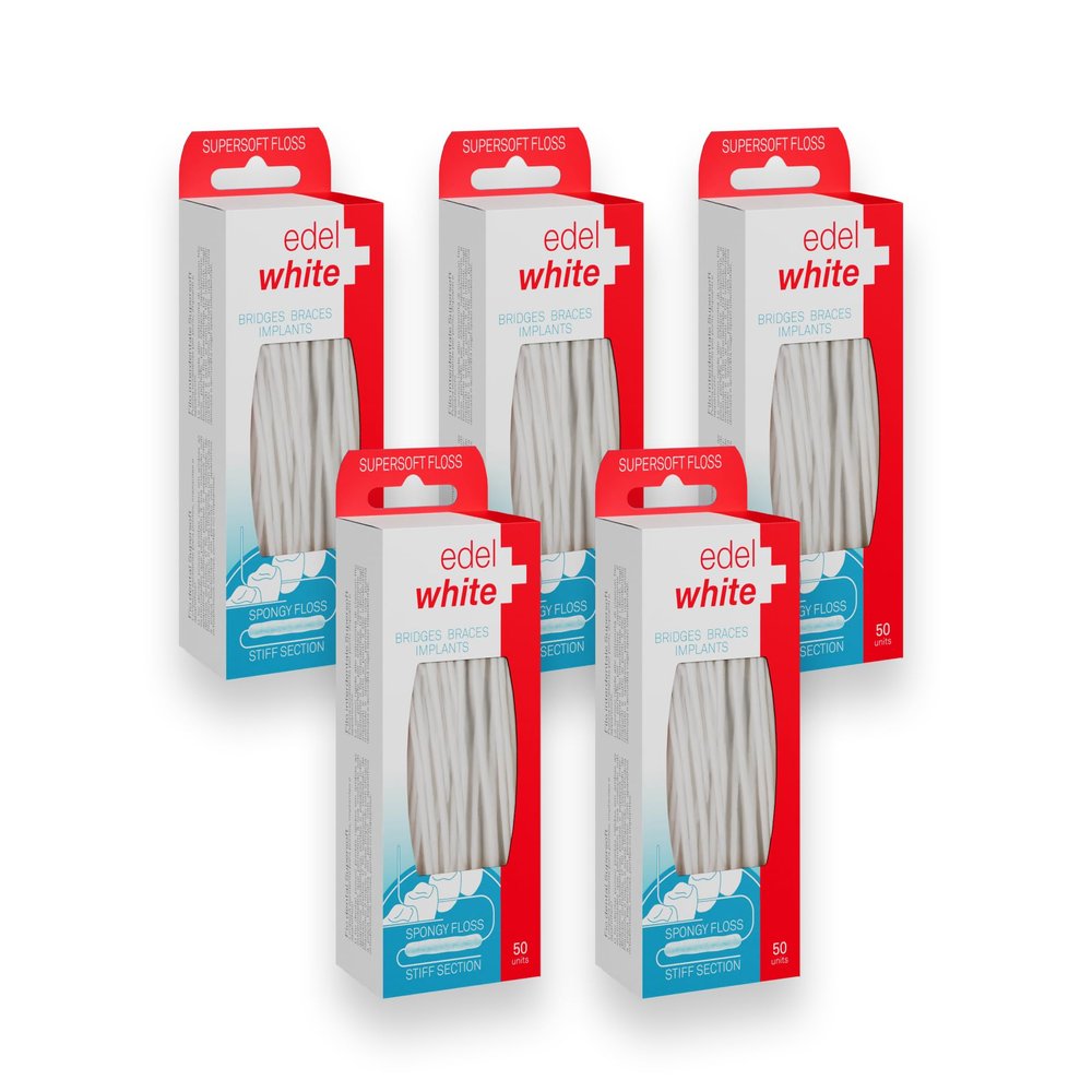 Edel+White Dental Floss - 50 Floss Threaders for Bridges, Orthodontic Braces and Dental Implants for Optimal Oral Hygiene Care - Gentle Threader Floss for Oral Health (5 Pack)