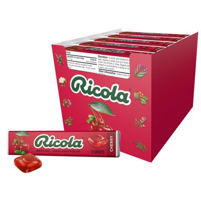 Ricola Cherry Throat Drops, 9 Count Stick (Pack of 20), Daily Drops For Delicious Throat Refreshment, Oral Anesthetic, Naturally Flavored