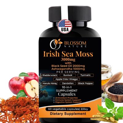 10-in-1 Irish Sea Moss Veggie Caps 3000mg Black Seed Oil Ashwagandha Bladderwrack Burdock Turmeric Apple Cider Vinegar Manuka Honey Dandelion Black Pepper - Made in US(Veggie Caps, Unflavored)