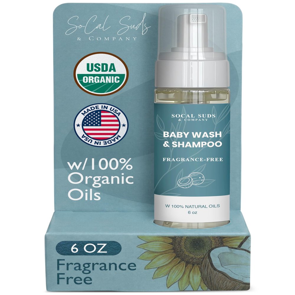 SoCal Suds & Company 2-in-1 Organic Foaming Baby Shampoo & Body Wash - Castile Soap - Gentle Body Soap and Shampoo for Sensitive Skin - Newborn & Kids Bath - Fragrance Free, 6oz (Pack of 1)