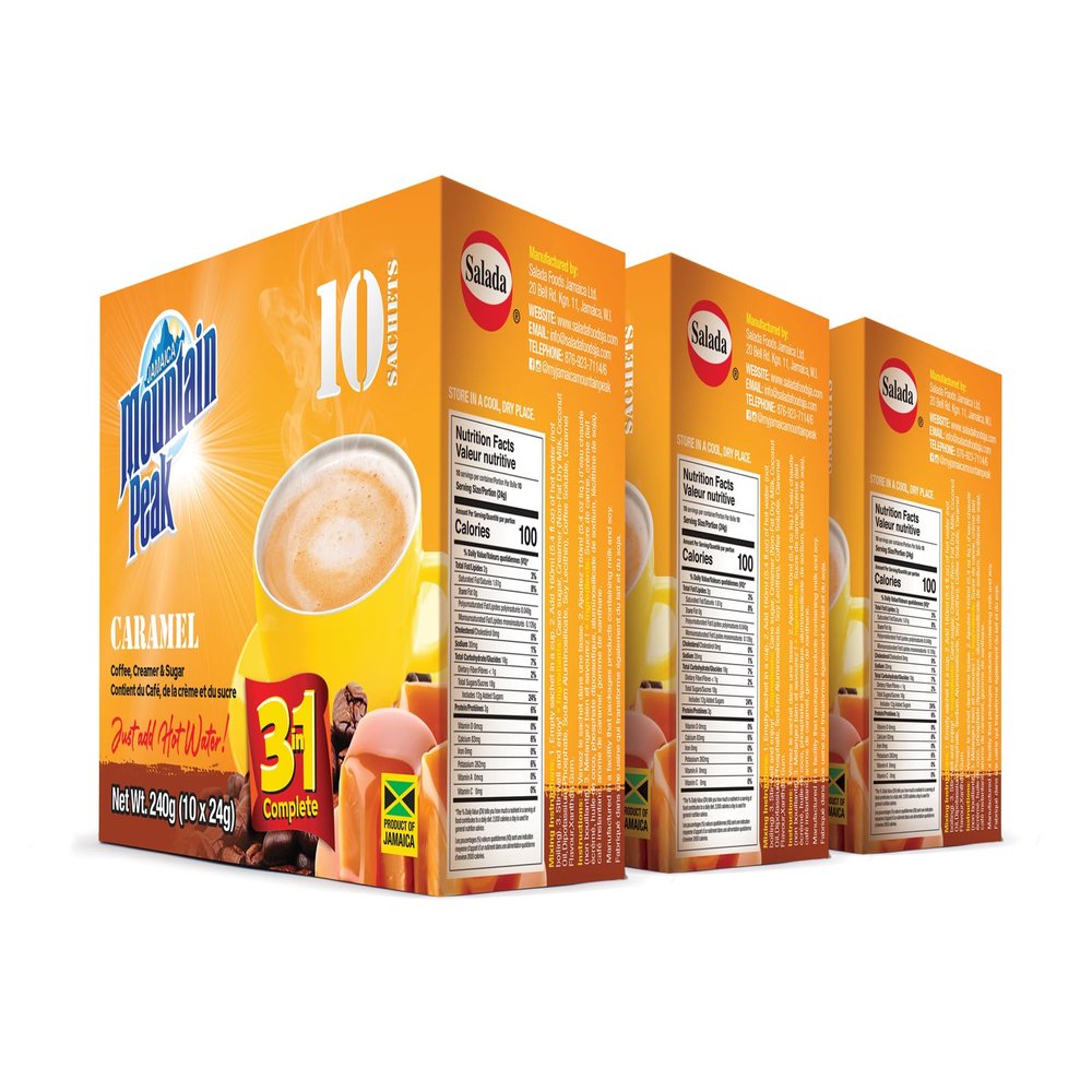 Jamaica Mountain Peak Caramel 3 in 1 Instant Coffee Mix, Coffee Creamer and Cane Sugar (30 Sachets x 24g), Rich Caramel Flavor, Smooth and Creamy, Just Add Water