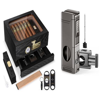 Tesonway Cigar humidor and Cigar Lighter with Cigar Cutter V Cut, Cedar Wood Humidor Cigar Box, Cigar Accessories Drawer, Windproof Refillable Butane Lighter, Cigar Gifts for Men